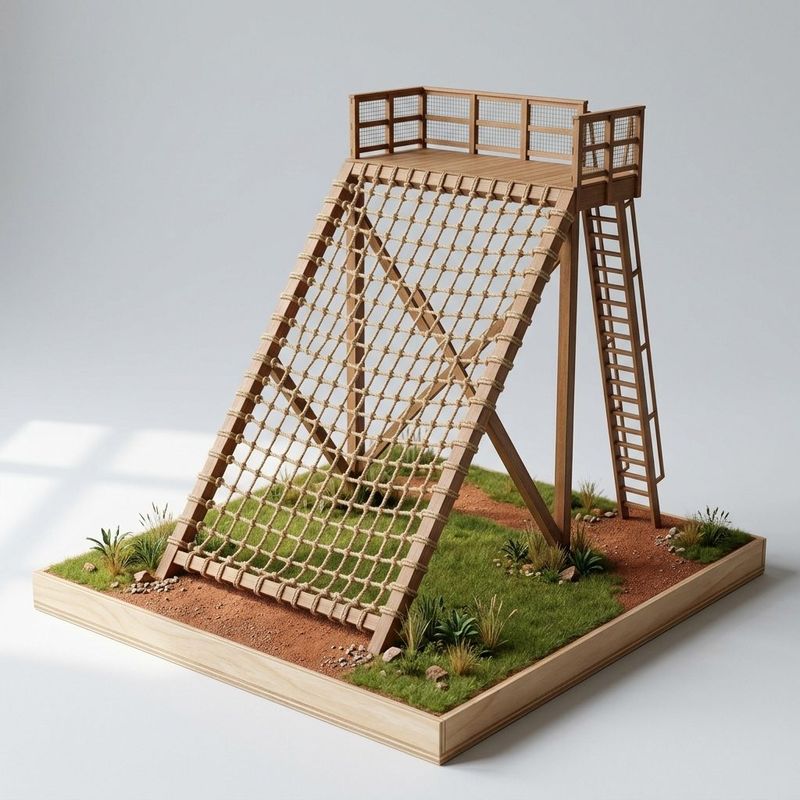 Cargo net climb Kenya, scale model of a rope net up a sloping timber frame to a railed platform