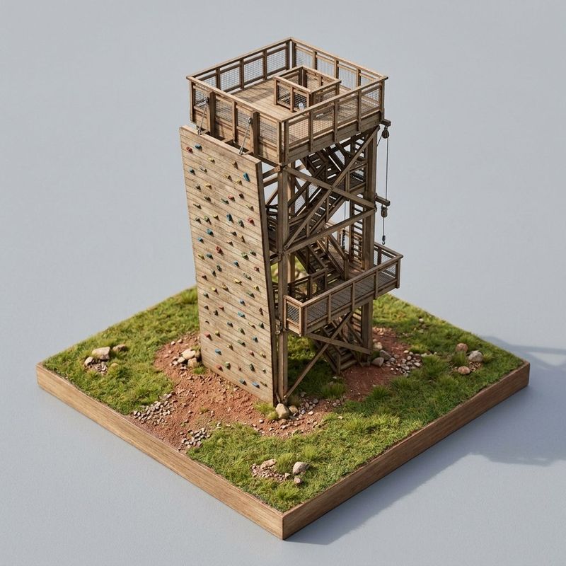 Climbing wall Kenya, scale model of a timber climbing tower with a railed top deck for abseiling