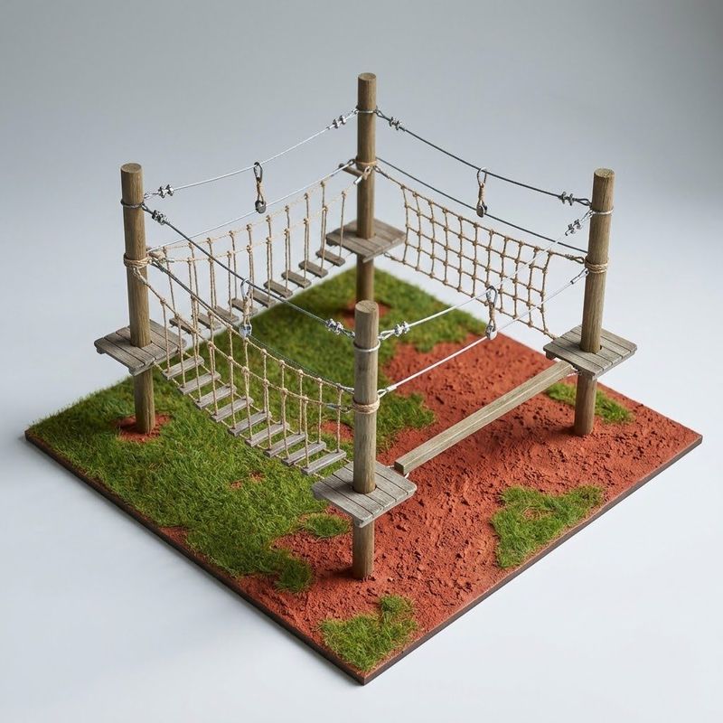 High ropes course Kenya, scale model with rope bridges, a cargo net and a balance beam between timber poles