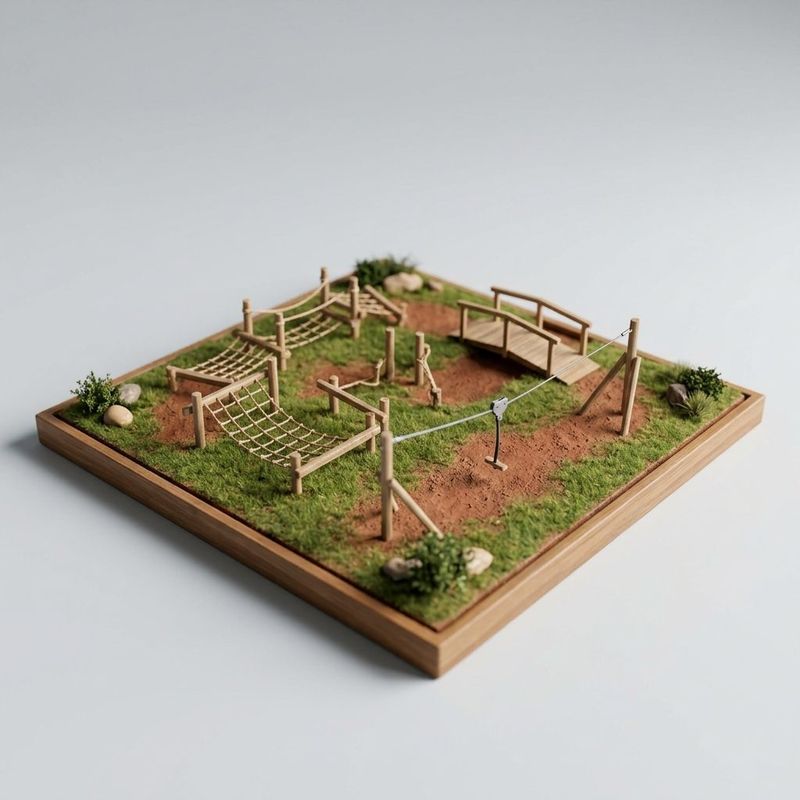 Kids' playground equipment Kenya, scale model with low nets, a small bridge and a short, low zip line