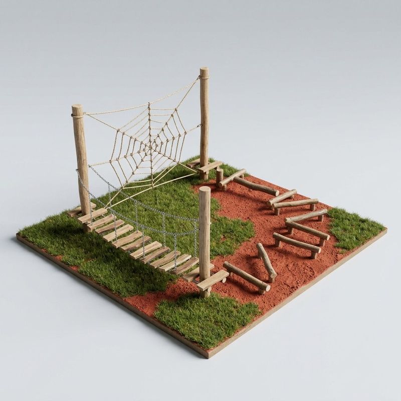 Low ropes course Kenya, scale model with a rope spider's web, a bridge on chains and balance logs