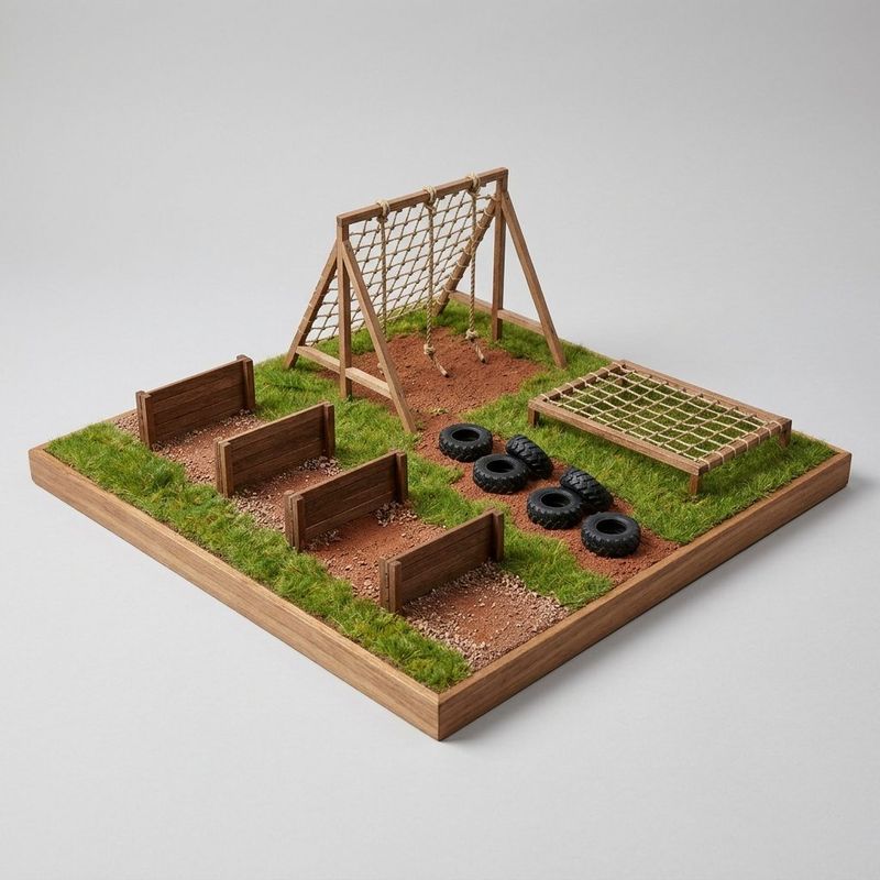 Obstacle course Kenya, scale model with timber walls, a rope climb, tyres and a crawl net