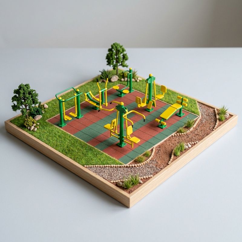 Outdoor gym equipment Kenya, scale model of park fitness machines on steel posts, set on rubber tiles