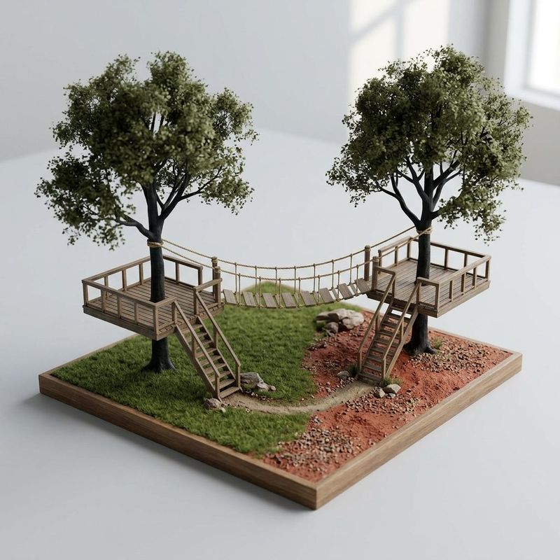 Rope bridge Kenya, scale model of a plank bridge between two trees with a deck around each trunk