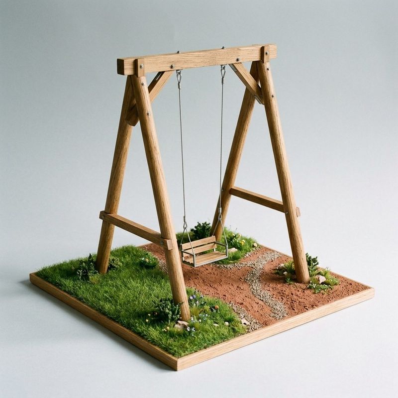 Outdoor swing Kenya, scale model of a timber A-frame swing with a seat hung on steel cable
