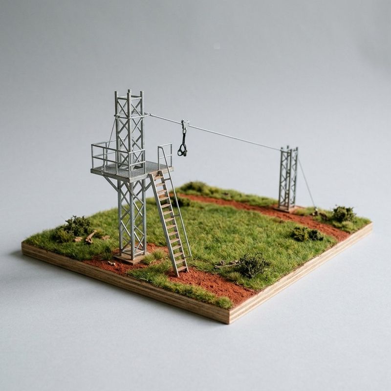 Zipline construction Kenya, scale model of a zipline on two steel posts with a launch platform and ladder